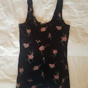 Black and Pink Rose Printed Fitted Tank